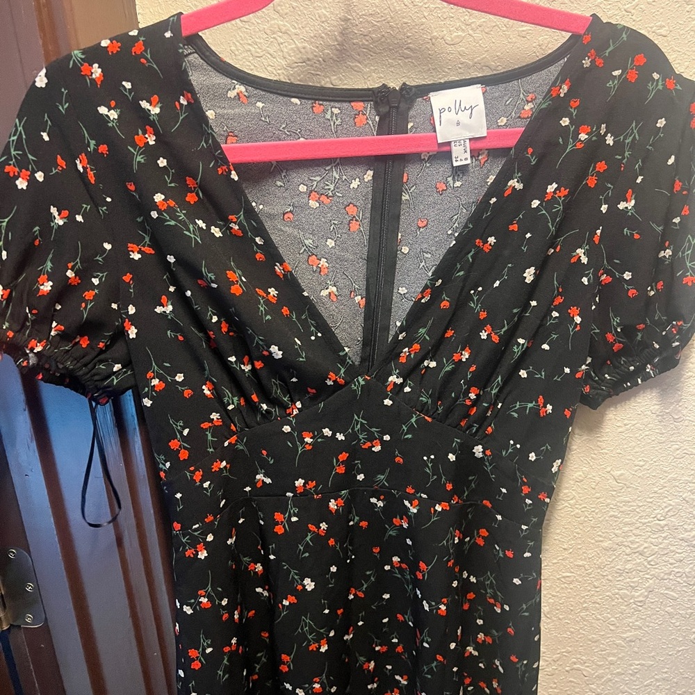 Floral Black Dress with Red and White Accents